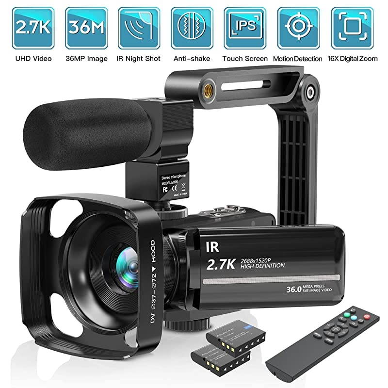 Camcorder Video Camera with Microphone, 2.7K UHD Vlogging Cameras for YouTube IR Night Vision 30FPS 36MP 16X Zoom 3.0 Inch 270&deg; Rotatable Touch Screen Remote Control 2 Batteries