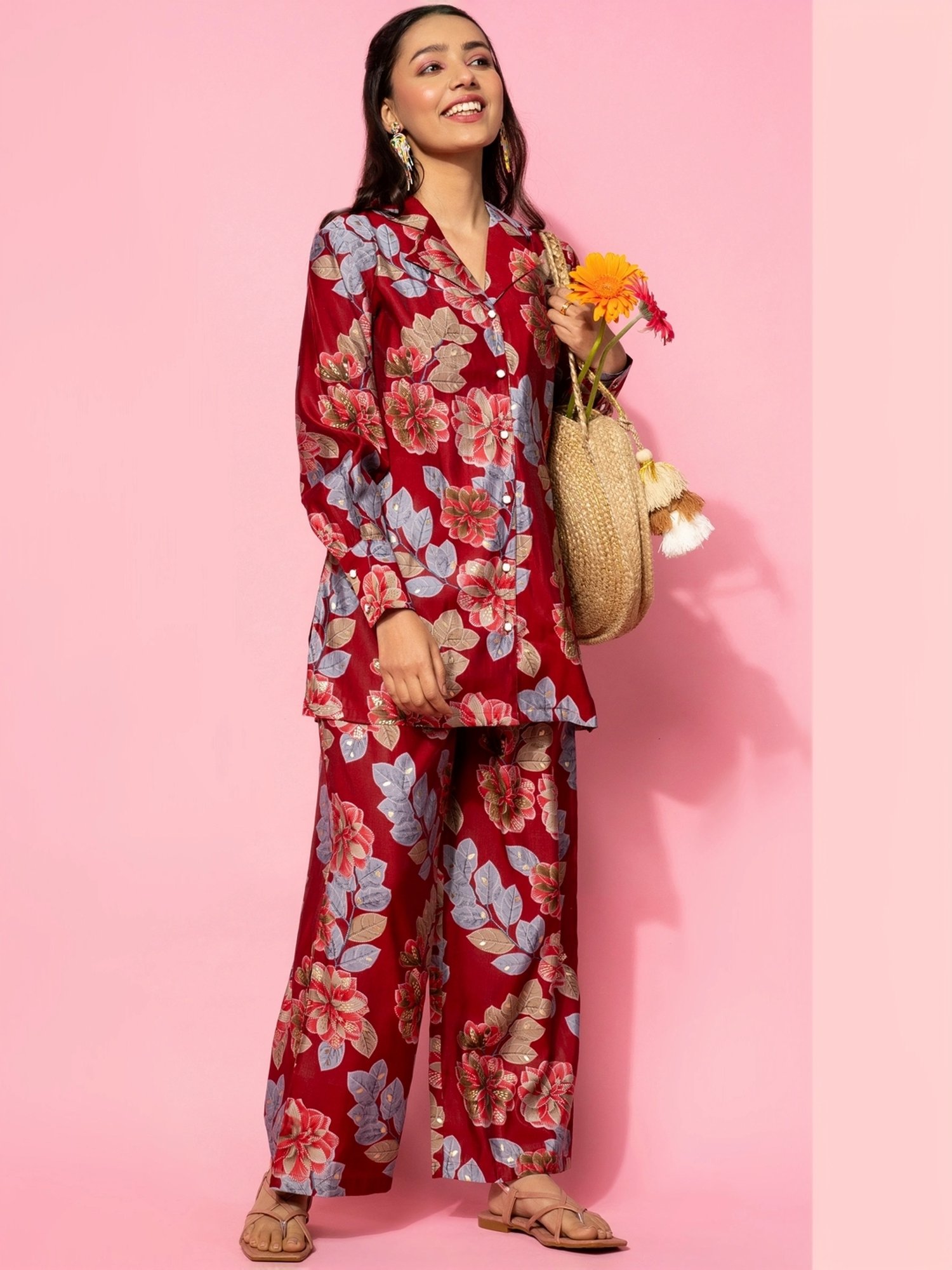 Libas Maroon Printed Silk Blend Co-Ords