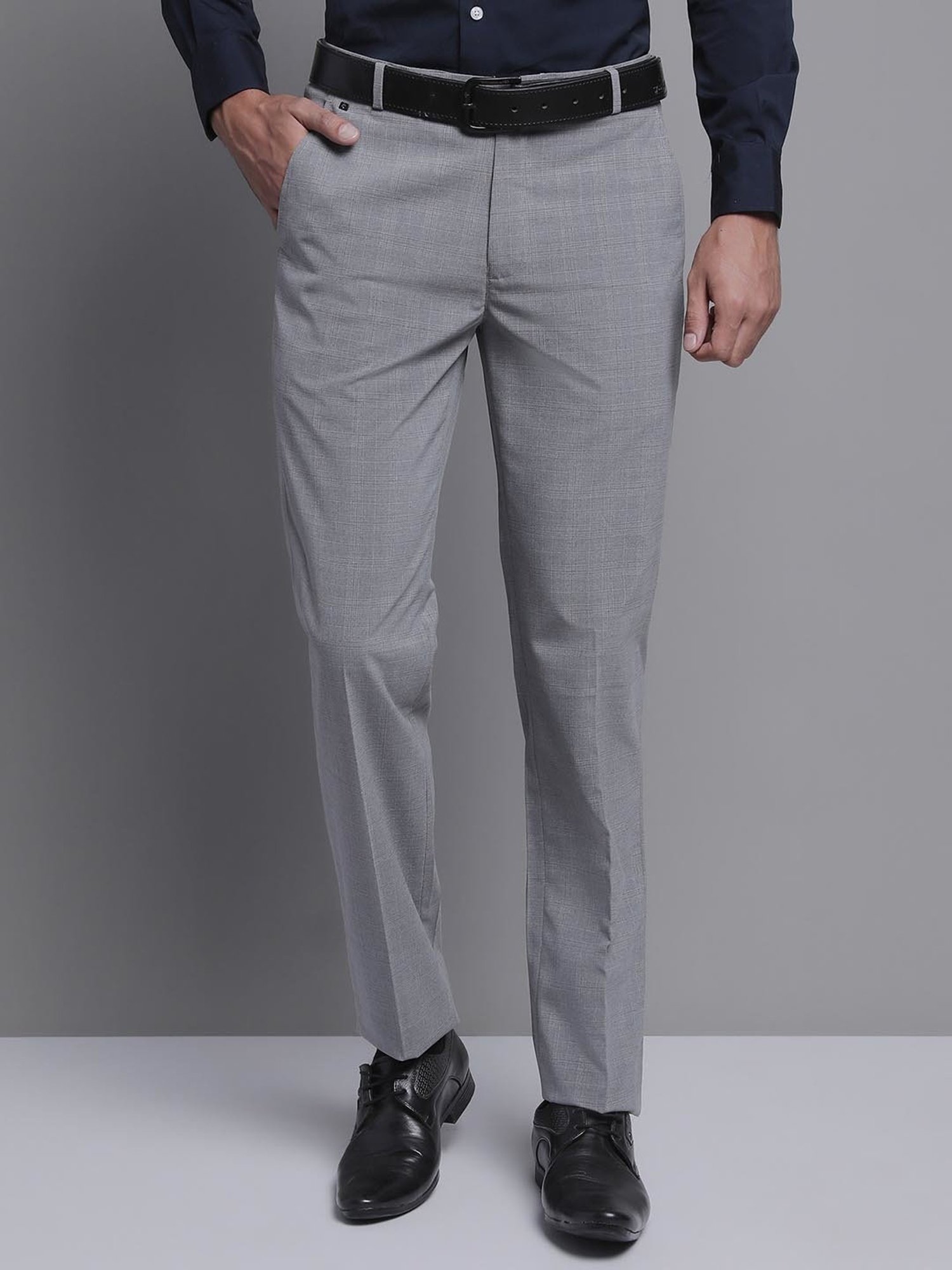 Cantabil Grey Regular Fit Check Flat Front Trousers