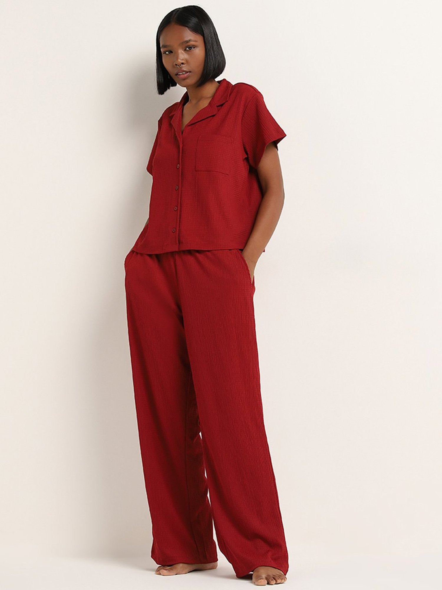 Superstar by Westside Red Crinkle-Textured High-Rise Pants