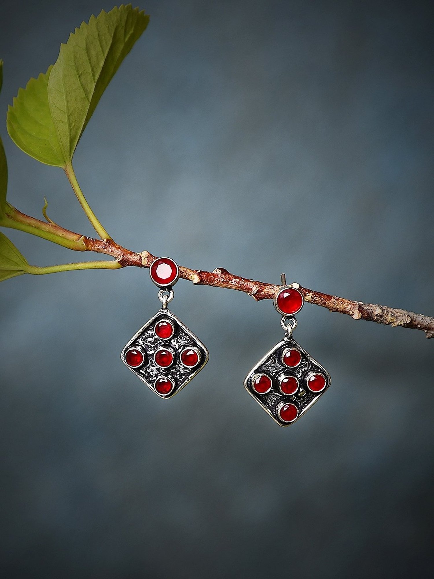 Imli Street Maroon Silver Tone Stone-Studded Handcrafted Dangler Earrings