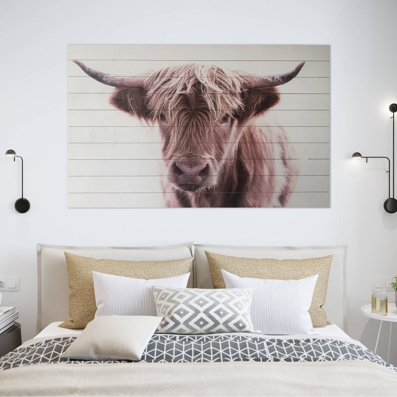 48" x 30" Brown Highland Cow Print on Planked Wood Wall Sign Panel Brown - Gallery 57