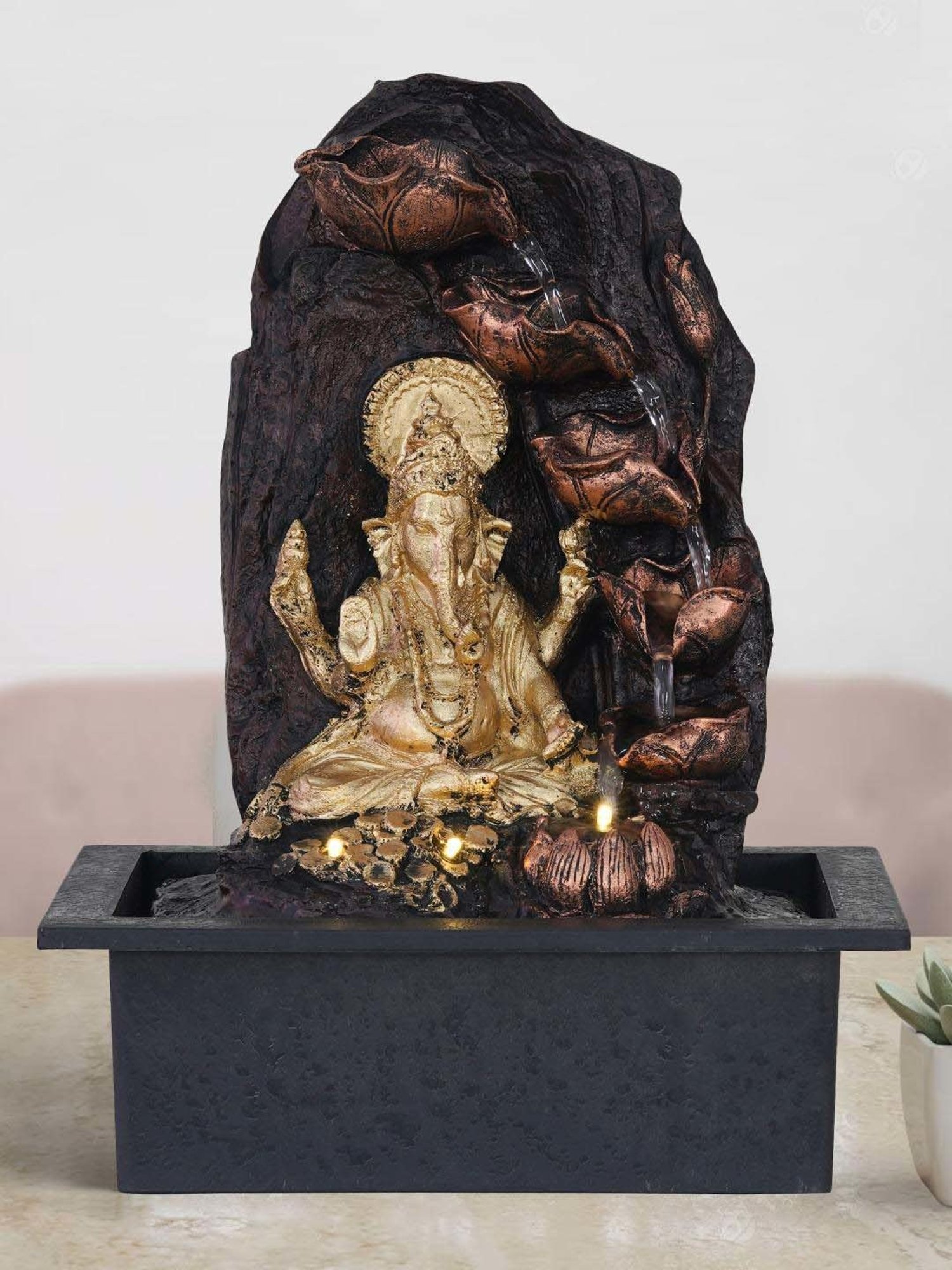 CHRONIKLE Golden & Brown Polyresin Ganesha Idol 5 Artistic Step Waterfall Fountain