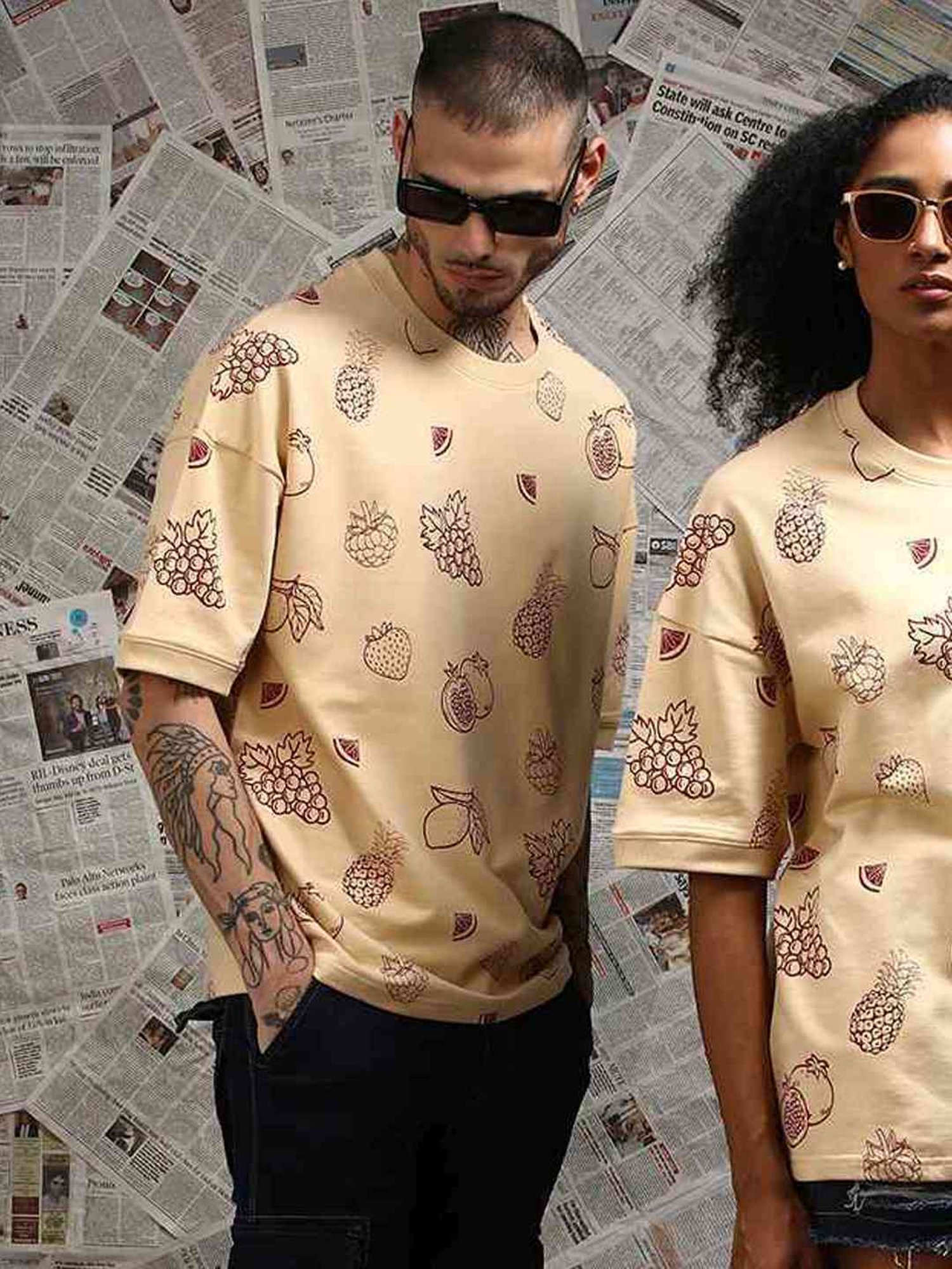 Difference Of Opinion Beige Loose Fit Printed Unisex T-Shirt