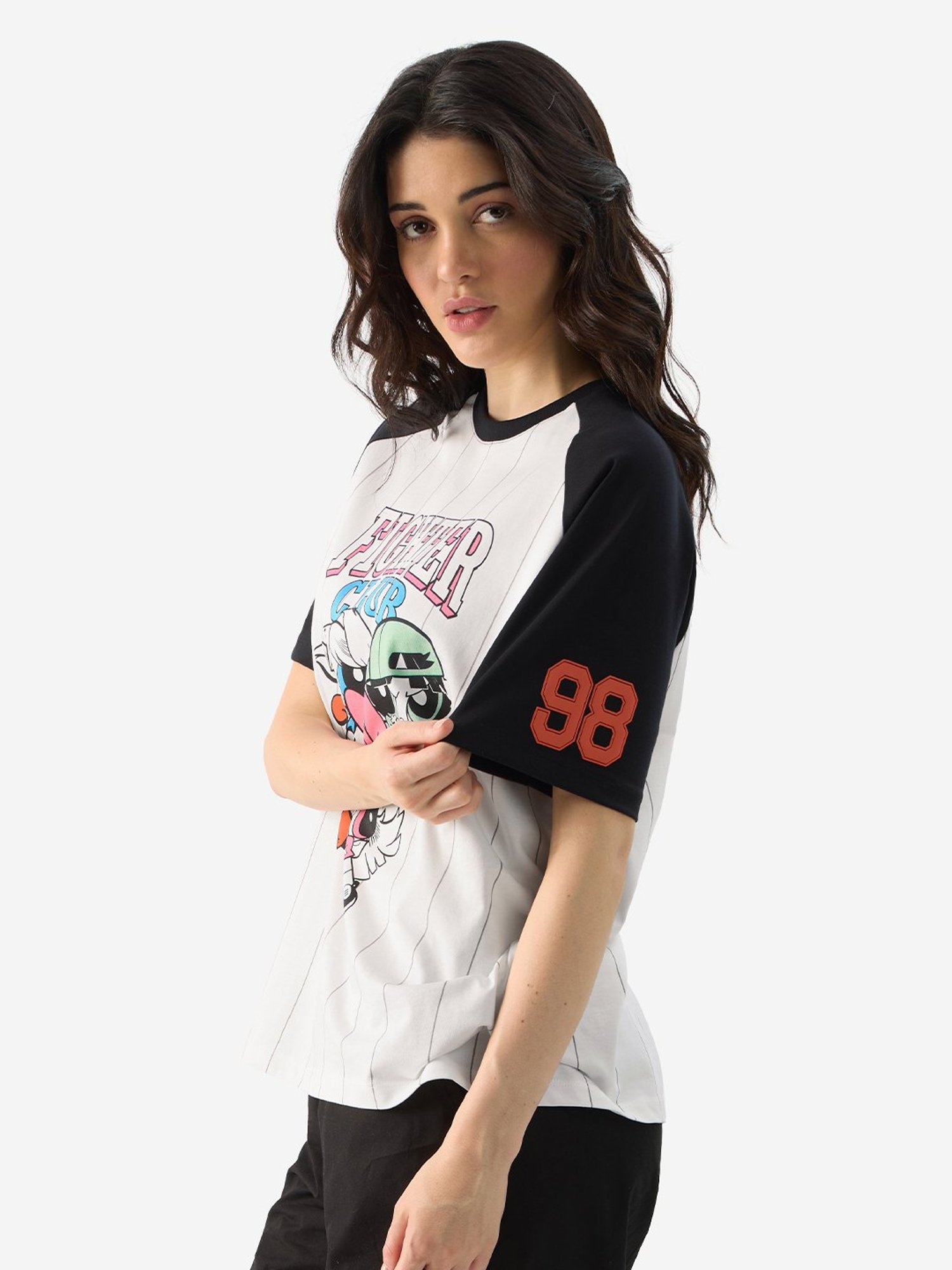 The Souled Store White & Black Cotton Graphic Print Oversized T-Shirt