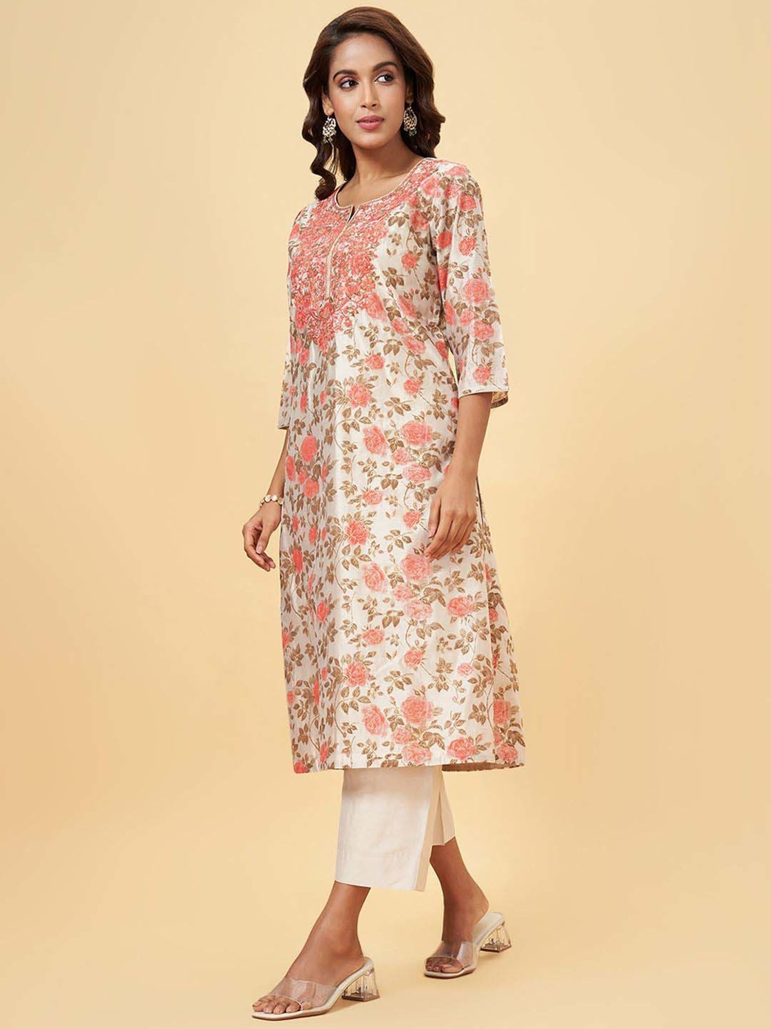 Rangmanch by Pantaloons Beige Embroidered Kurta Palazzo Set With Dupatta