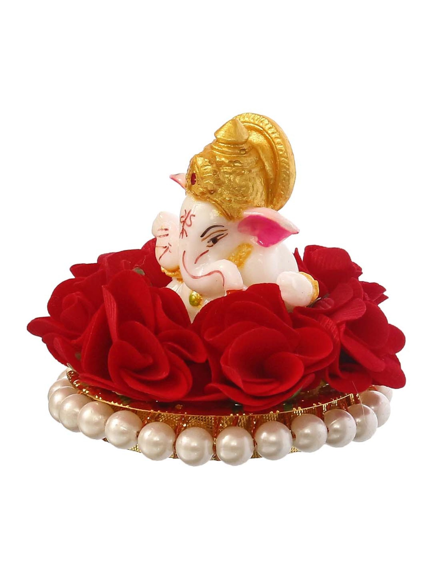 eCraftIndia Lord Ganesha Idol on Decorative Handcrafted Plate with Red Flowers