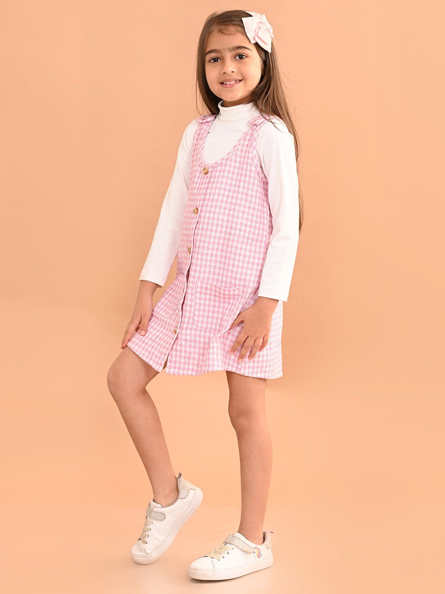 LilPicks Kids Pink & White Printed Full Sleeves Dungaree Dress with Top