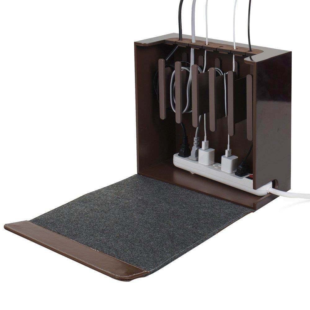 G.U.S. Cord Corral and Cable Organizer with 6-Magnetically Secured Cord Spindles -"Rustic Modern" Collection, Made of MDF and Brown Leatherette
