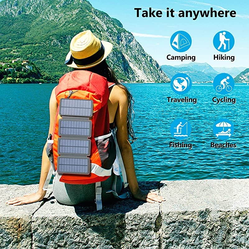 Solar Charger 25000mAh Solar Power Bank with 4 Foldable Solar Panels and 2 Ports, Portable Phone Charger for Outdoor Camping Hiking Compatible with Smartphones and Tablets