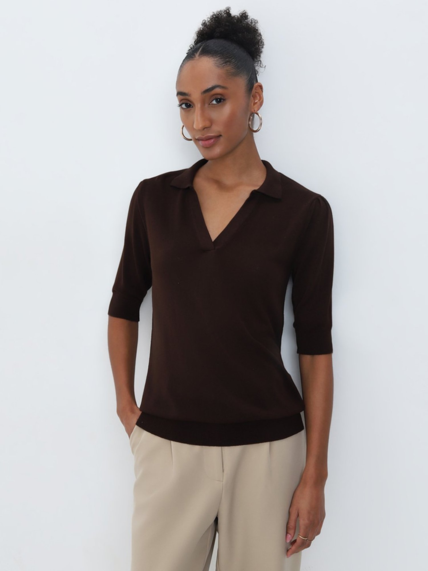 Wardrobe by Westside Dark Brown Knit-Textured Top