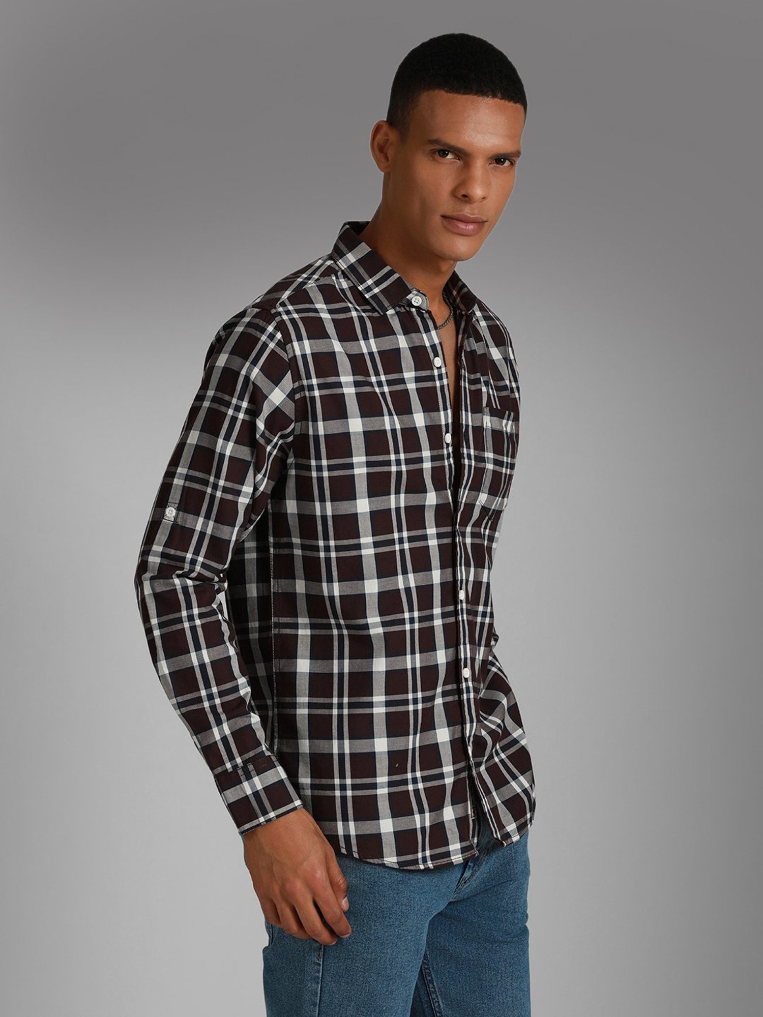 High Star Maroon Cotton Regular Fit Checks Shirt