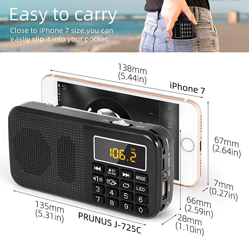 J725C Portable Mini FM Radio Speaker Music Player USB Drive TF Card with LED Display Alarm Clock 3000 Rechargeable Battery NO AMBlack