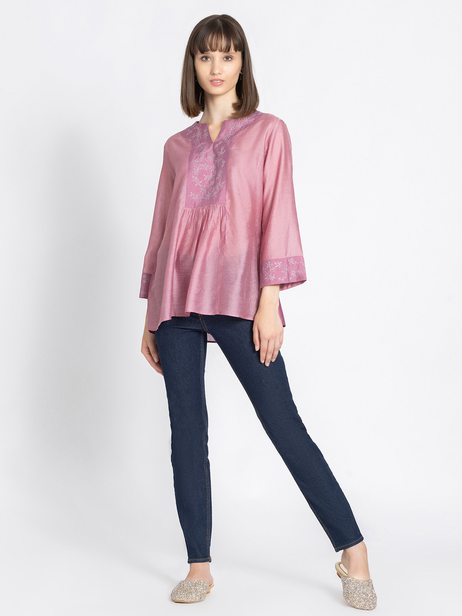 Fusion Beats Light Grey Embroidered A Line Kurta