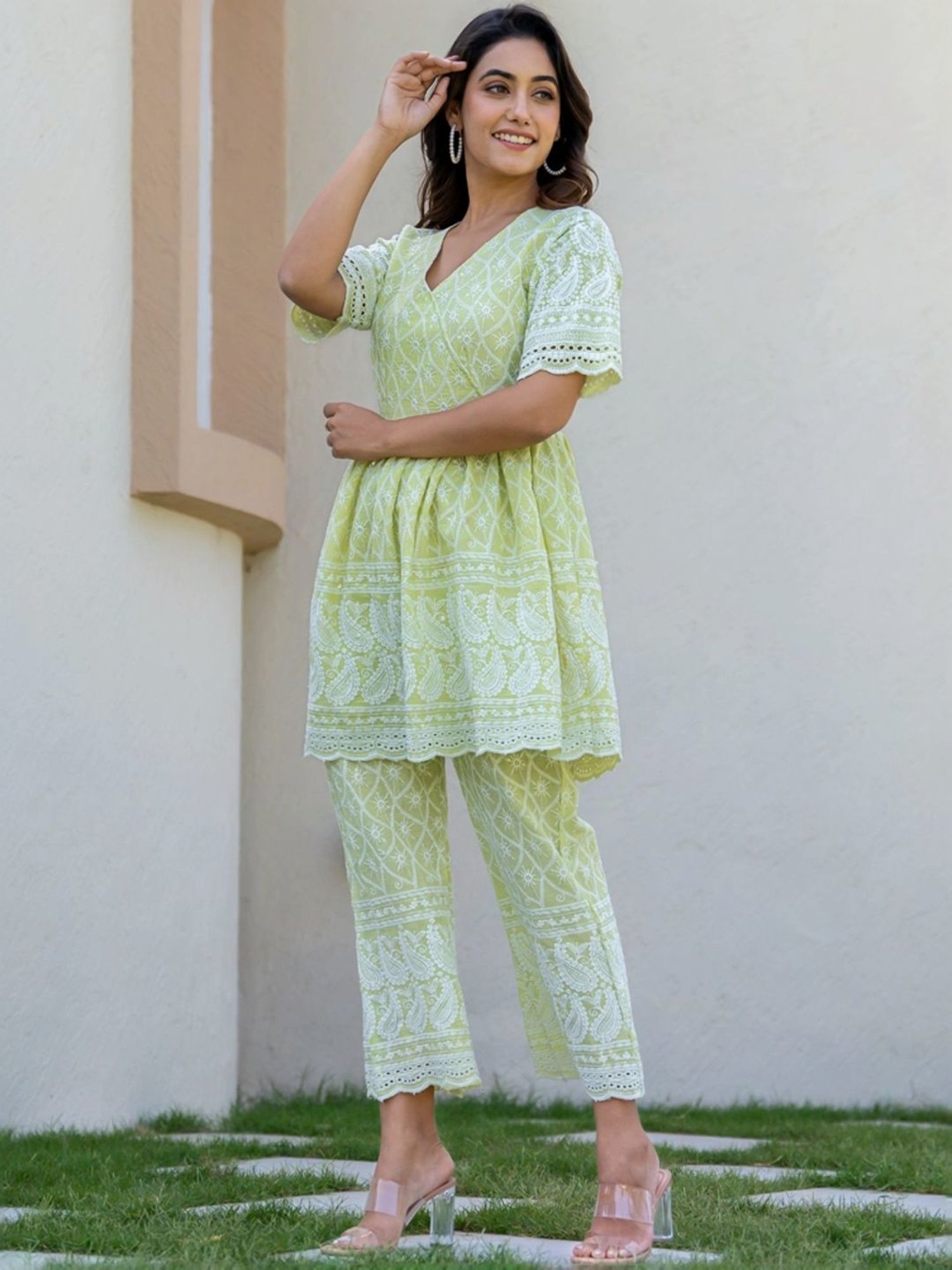 HOUSE OF JAMOTI Green Cotton Embroidered Tunic Pant Set
