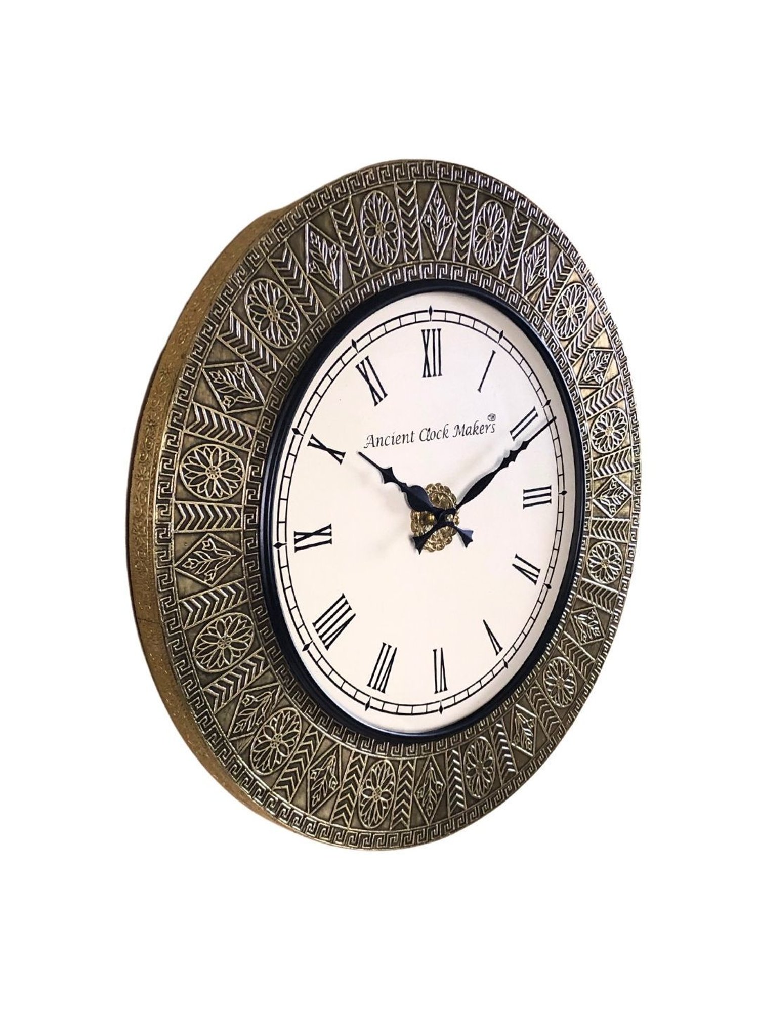 Ancient Clock Makers Round Black & Brass Wood Wall Clock