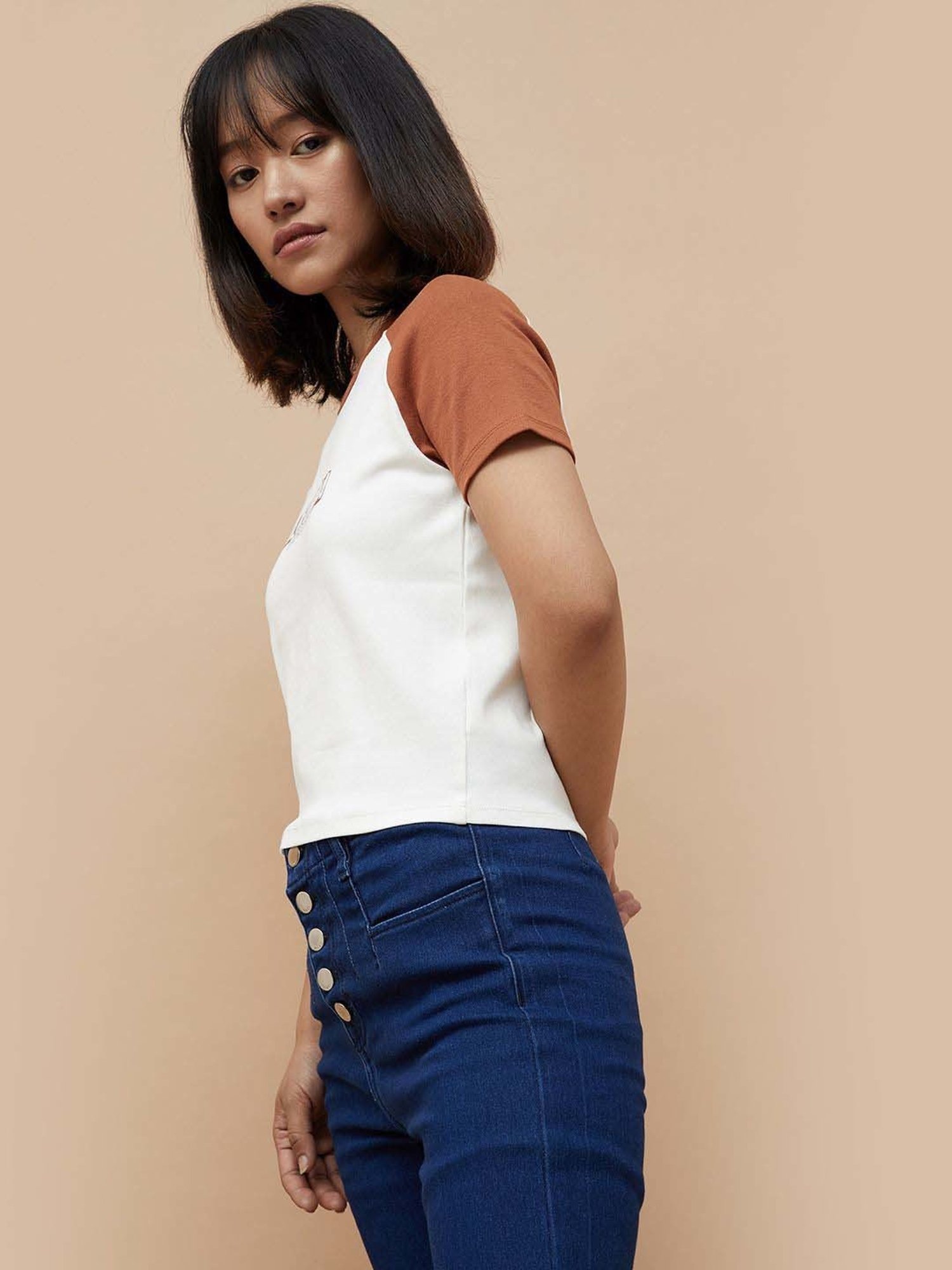 Ginger by Lifestyle Off-White Cotton Printed T-Shirt