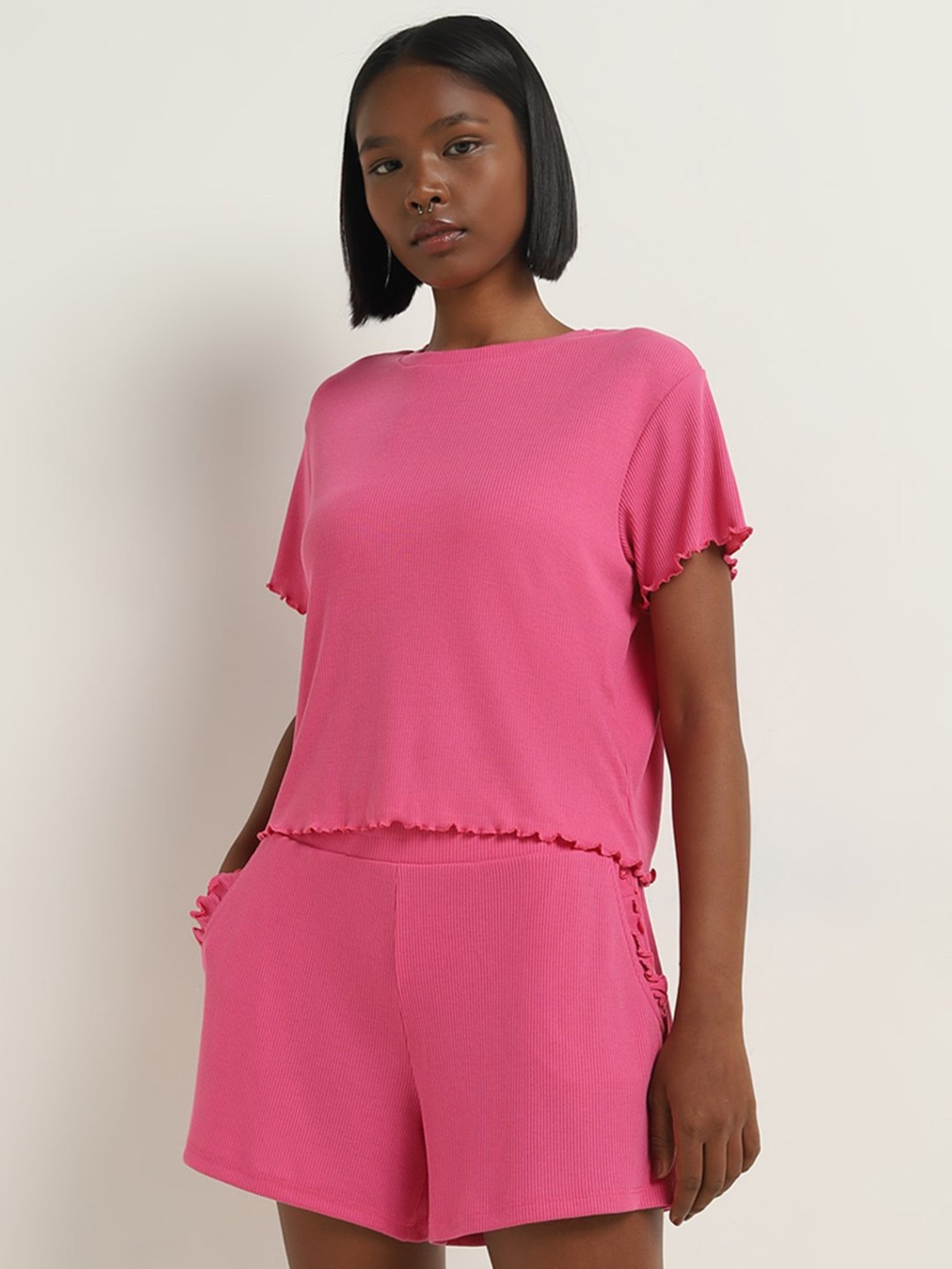 Superstar by Westside Pink Ribbed Textured T-Shirt