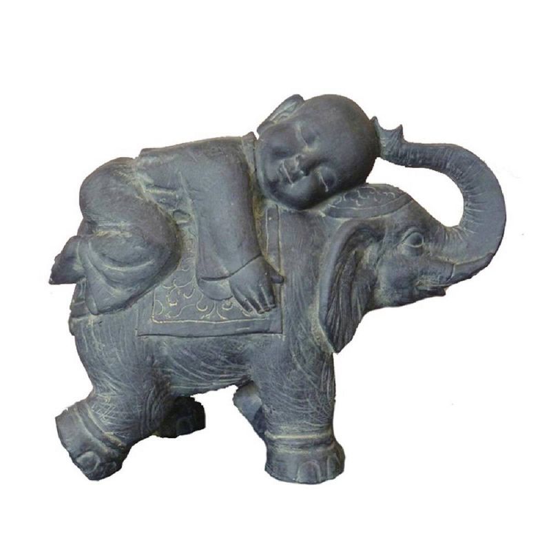 17" Magnesium Oxide Buddha Child on Elephant Outdoor Statue Gray - Hi-Line Gift