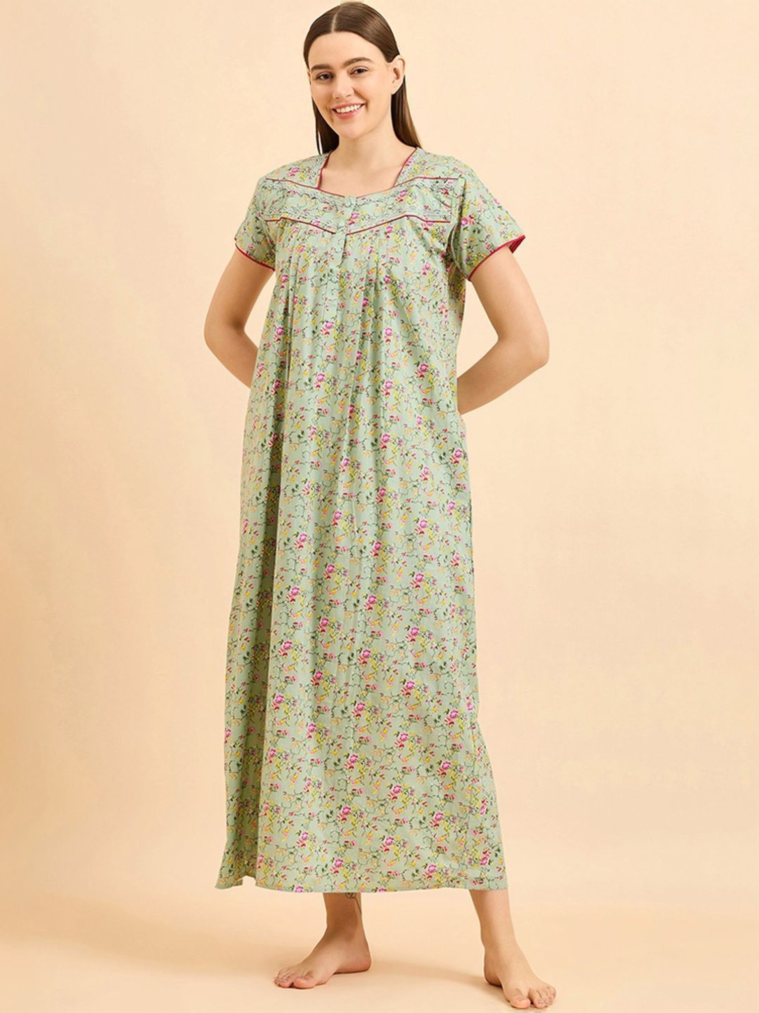 Sweet Dreams Green Cotton Floral Print Nighty