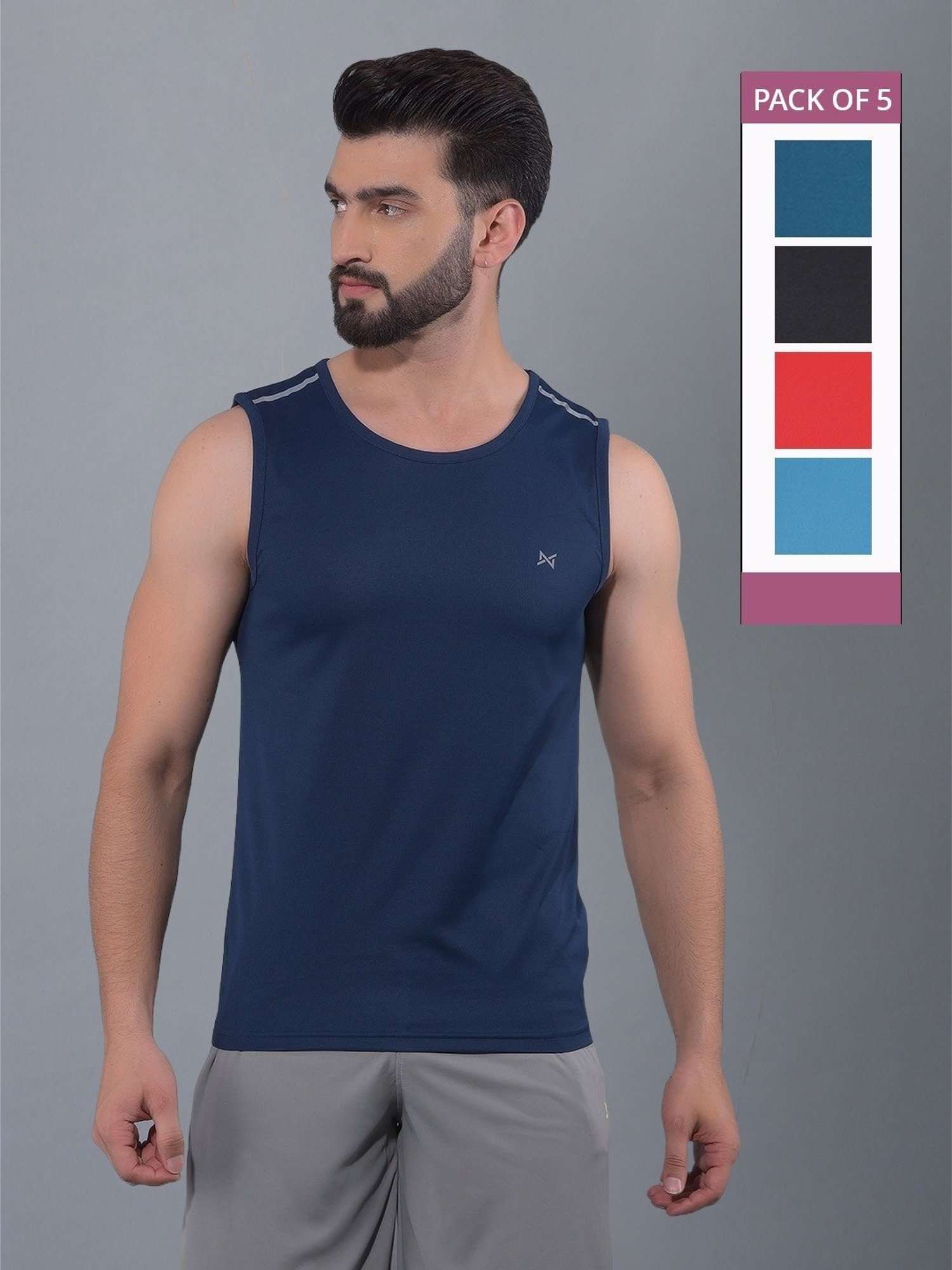 Force NXT Multicolored Regular Fit Gym Vest - Pack Of 5