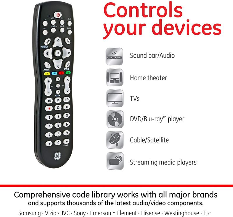 GE Universal Remote Control for Samsung, Vizio, Lg, Sony, Sharp, Roku, Apple TV, TCL, Panasonic, Smart TVs, Streaming Players, Blu-Ray, DVD, Simple Setup, 8-Device, Black, 33715