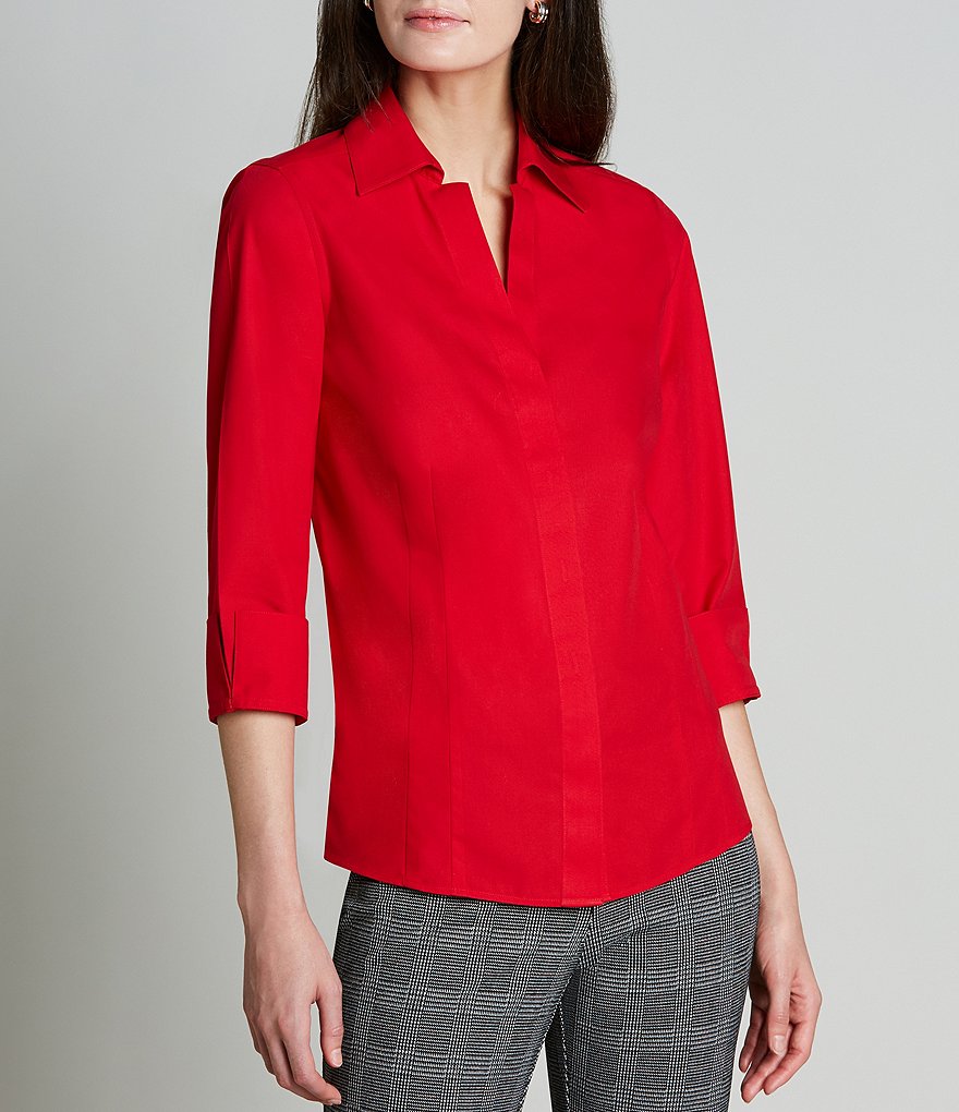 Investments Taylor Gold Label Non-Iron Point Collar Y-Neck 3/4 Sleeve Button Front Shirt