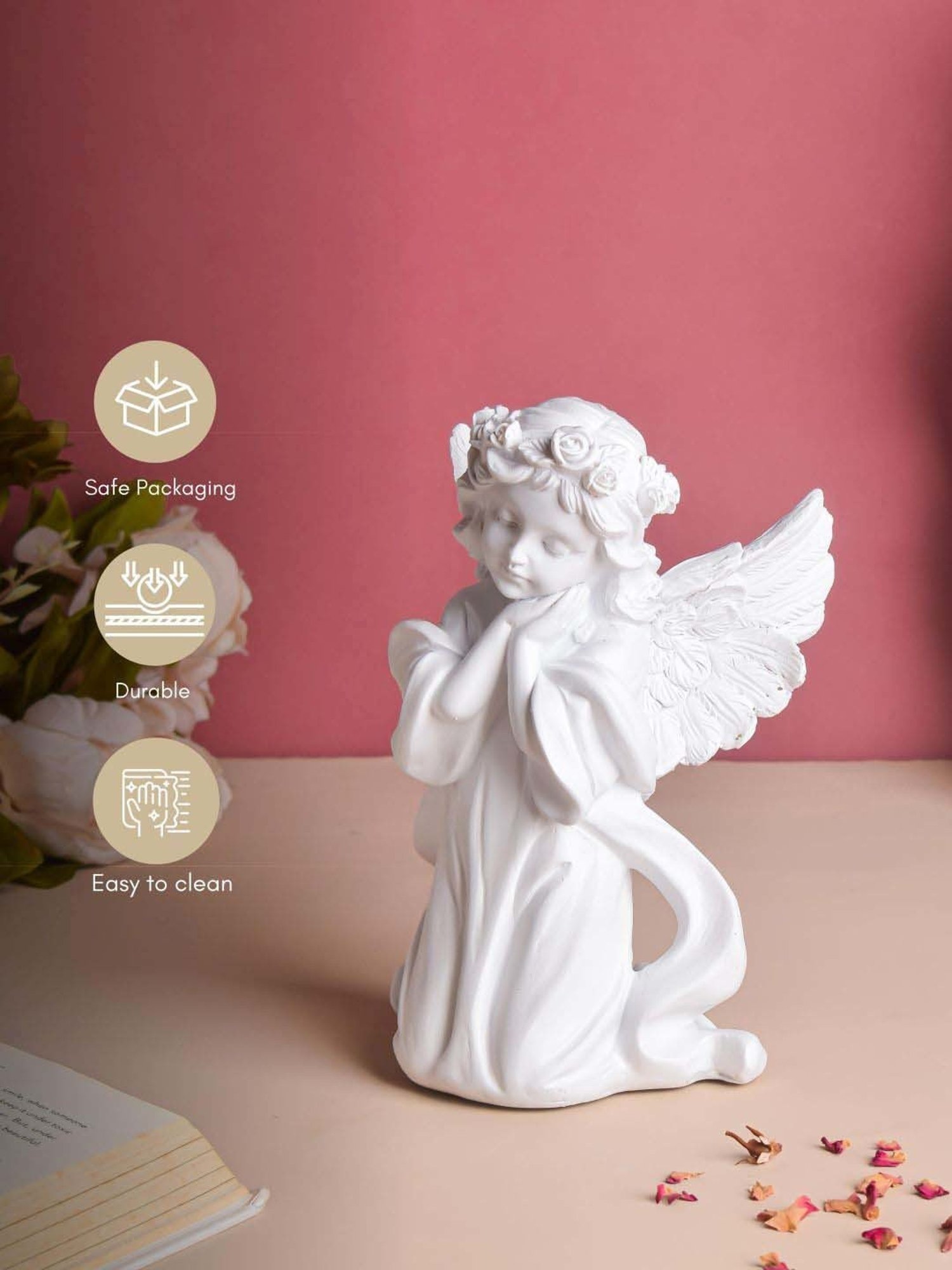 Nestasia Artisanal White Praying Angel Resin Showpiece with Wings for Home Decoration (8 Inch)