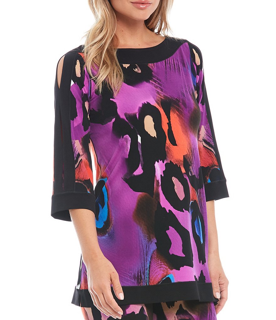 Eva Varro Animal Print Knit Jersey 3/4 Slit Sleeve Tunic