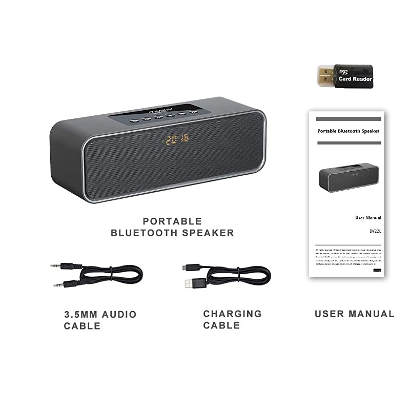 Bluetooth Speaker with10W Acoustic Driver LED Display FM Radio Alarm Clock Handsfree Speakerphone Slots for Micro SD Card USB AUXin for Smart Phone Tablet and More