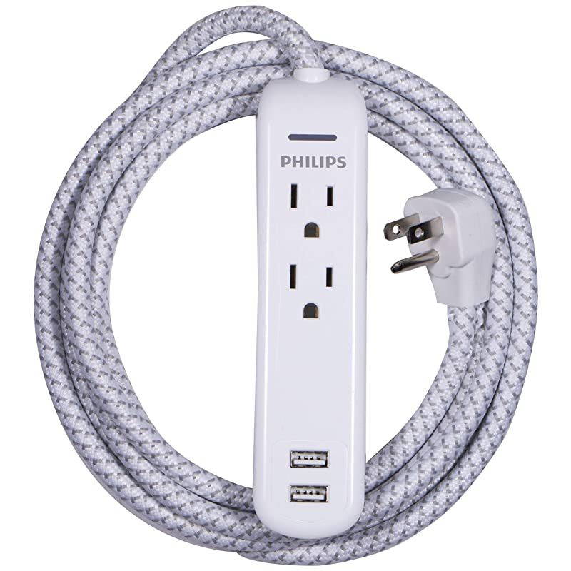 2 Outlet Power Strip Surge Protector with 2 USB Ports 8 Ft Extra Long Power Cord Designer Braided Extension Cord Flat Plug Perfect for Office or Home Decor 300 Joules White SPC6221WC37