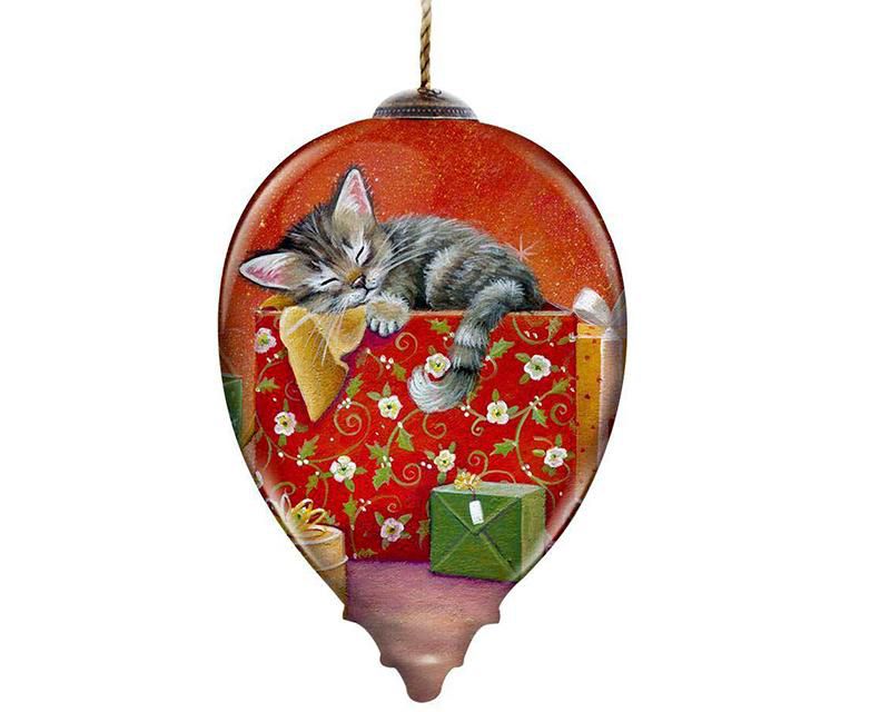 NeQwa 3.25" Ne'Qwa "Kitten for Christmas" Hand-Painted Blown Glass Ornament #7131176