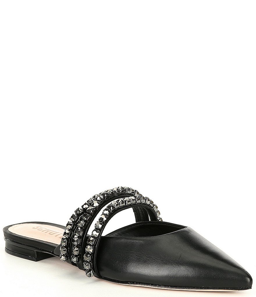 Schutz Smile Leather Crystal Encrusted Strap Ponted Toe Dress Mules