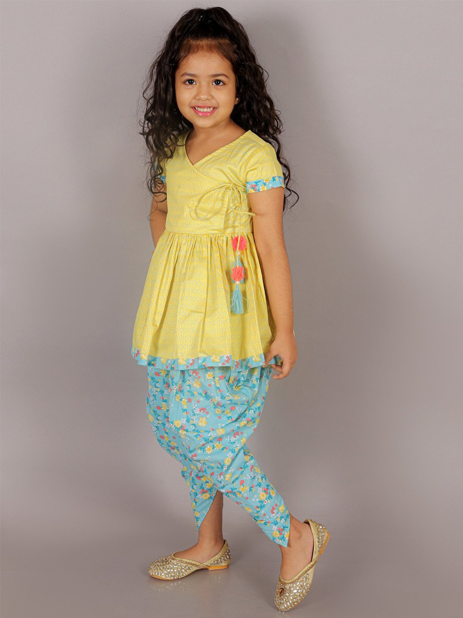 Lil Drama Kids Yellow & Blue Floral Print Kurta with Dhoti