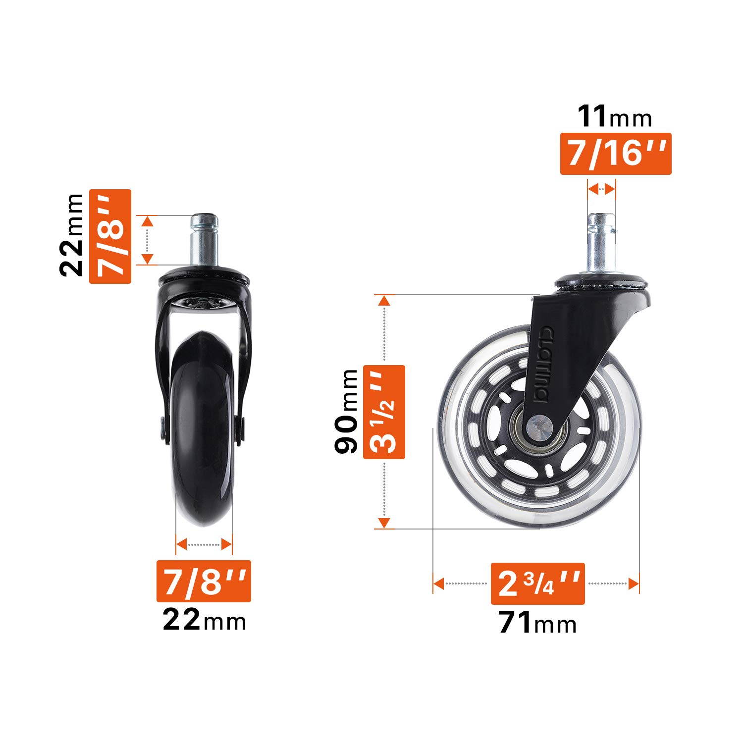 CLATINA Heavy Duty Office Chairs Wheels Replacement for Hardwood Floors and Carpet Rolling Casters Safe Soft Smooth Silent Desk Gamer Computer, 1 Pack