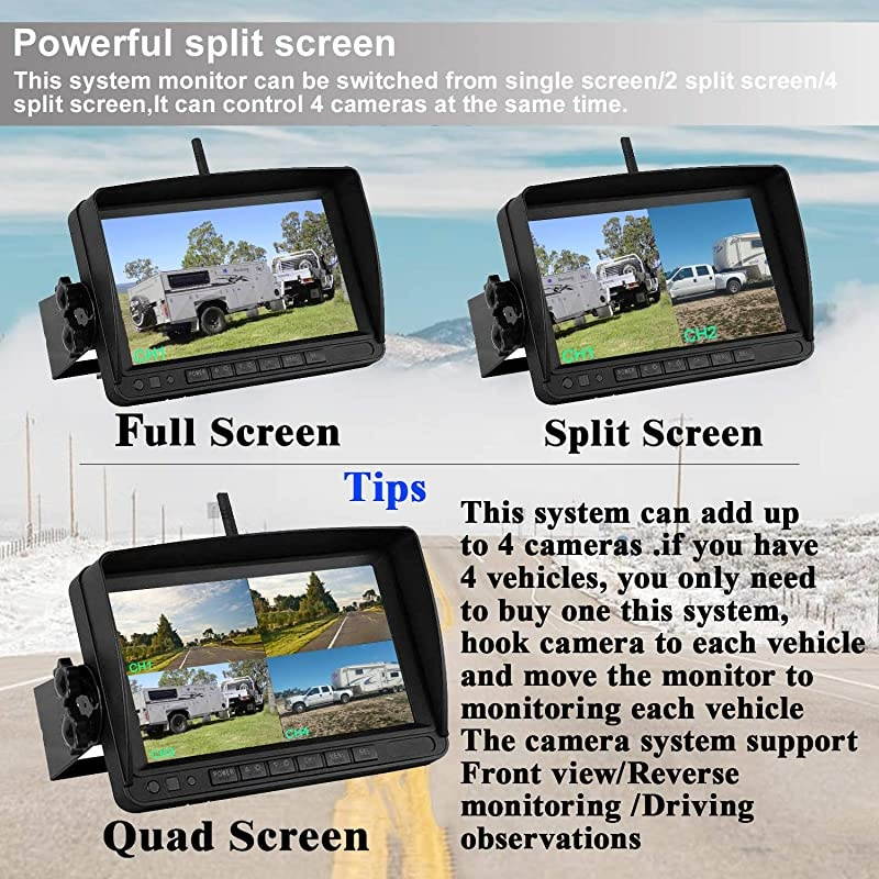 R7 HD 1080P RV Wireless Backup Camera with 7 Inch DVR Split Screen Monitor Rear View Camera Observation System for Trailers,Trucks,5th Wheels,IR Night Vision IP69K Waterproof 170 Degree View