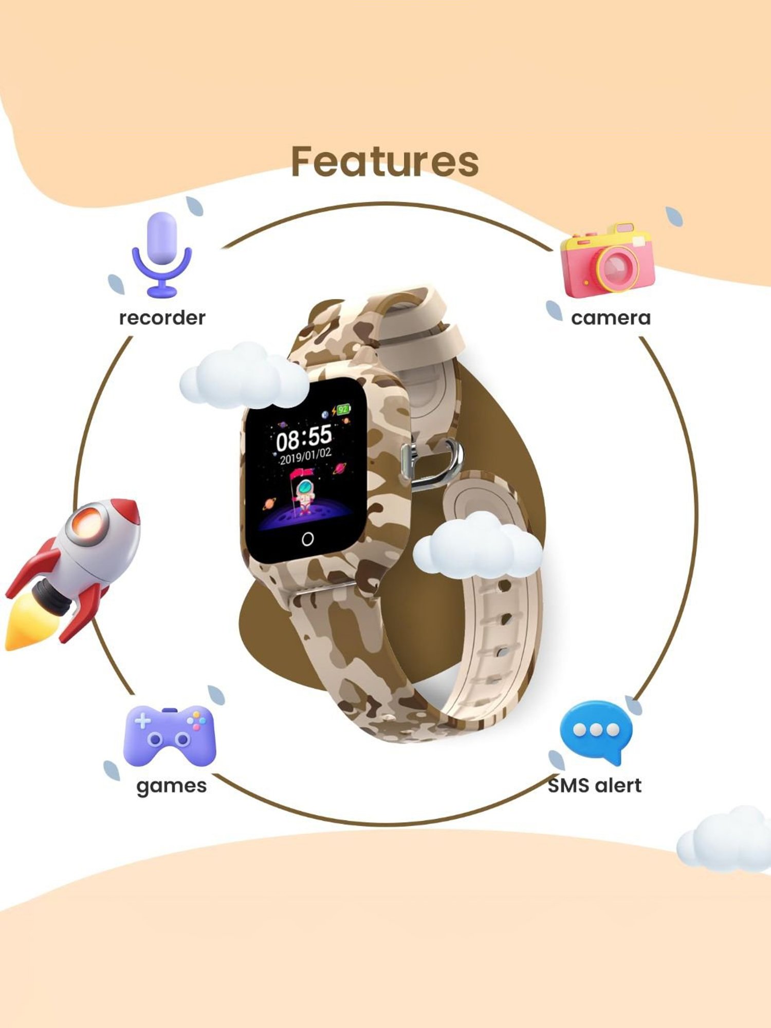Turet Smartwatch for Kids with Camera, Games, Recorder, Sim Enabled 2-Way Calling (Miletary)