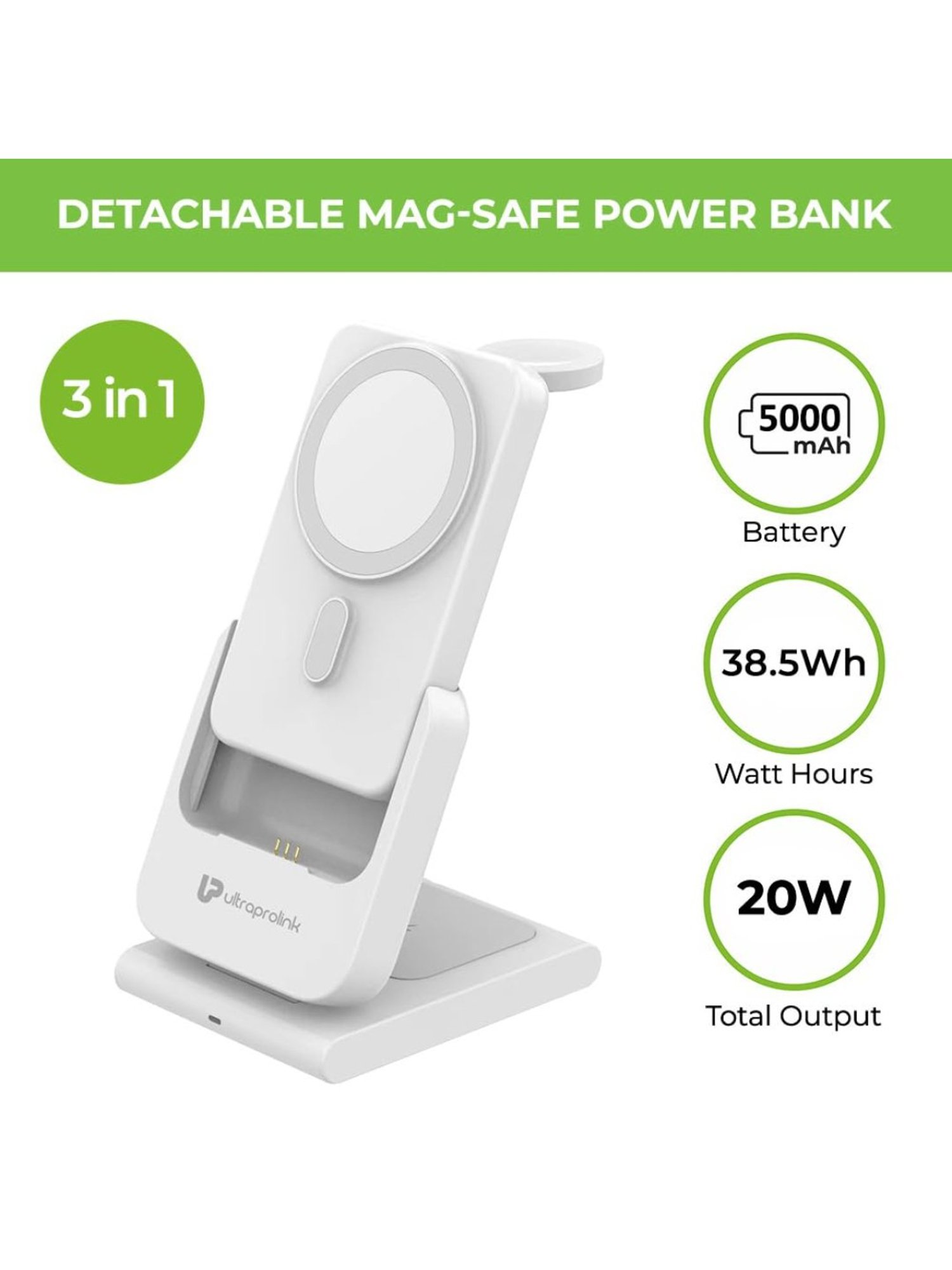 ULTRAPROLINK UM1006GO 3in1 Folding 20W Magnetic Power Bank for iWatch, Airpods &  Earbuds (White)
