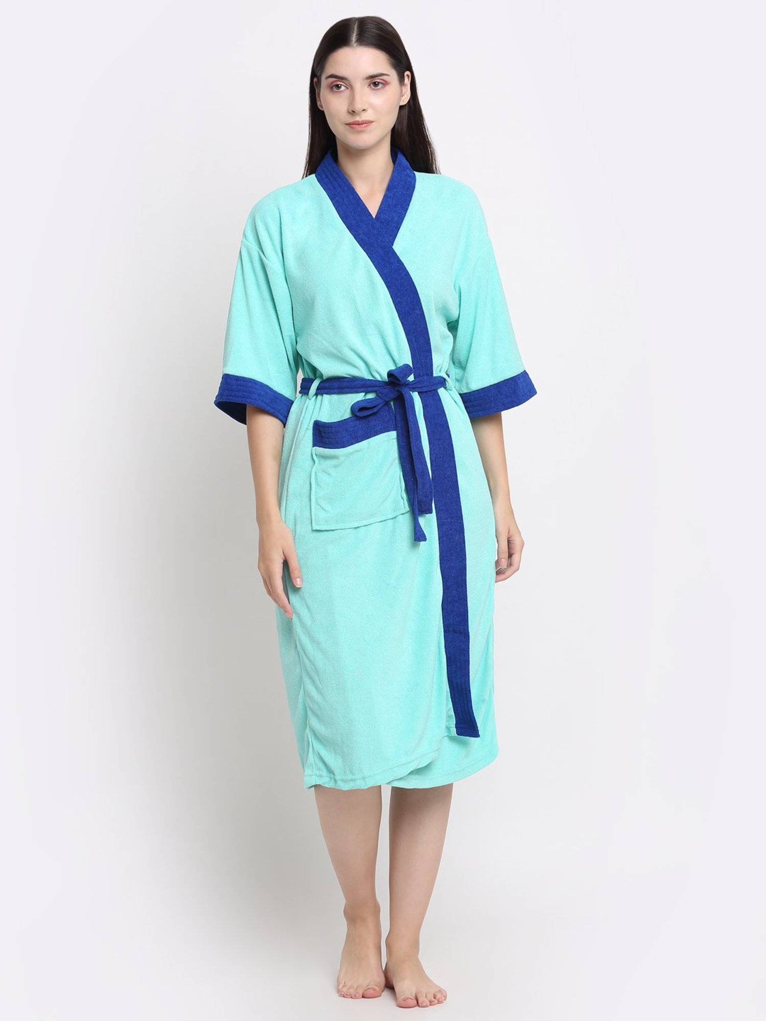 Creeva Everyday Sea Green & Turkish 225 GSM Micro Terry Bathrobe with Front Pocket & Kimono Collar
