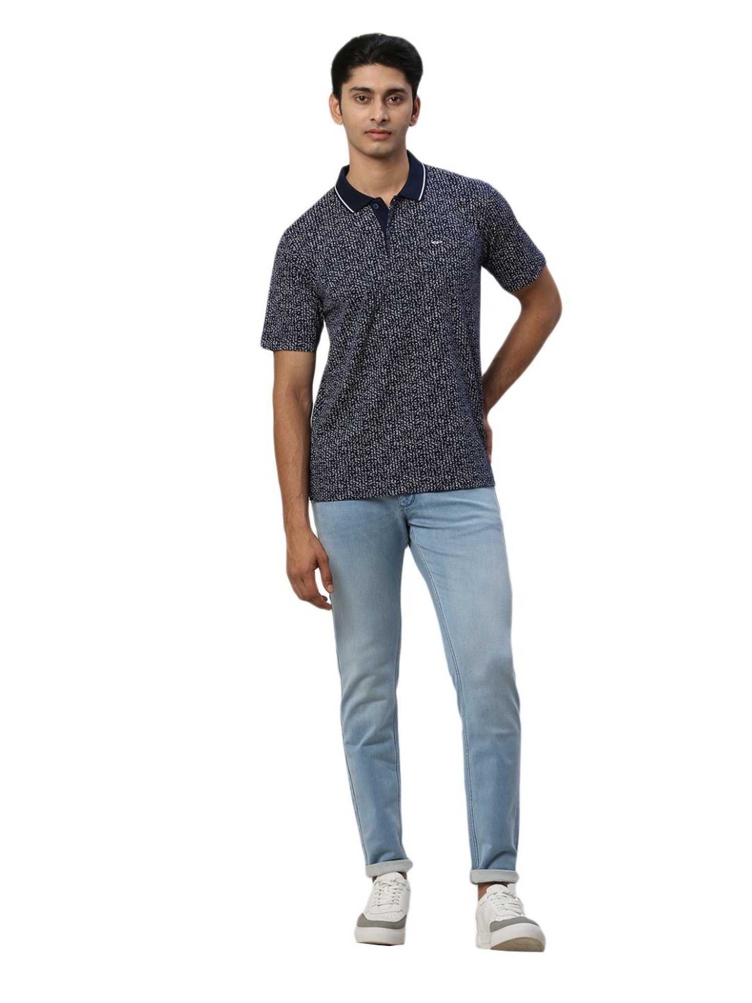 ColorPlus Blue Cotton Comfort Fit Printed Polo T-Shirt