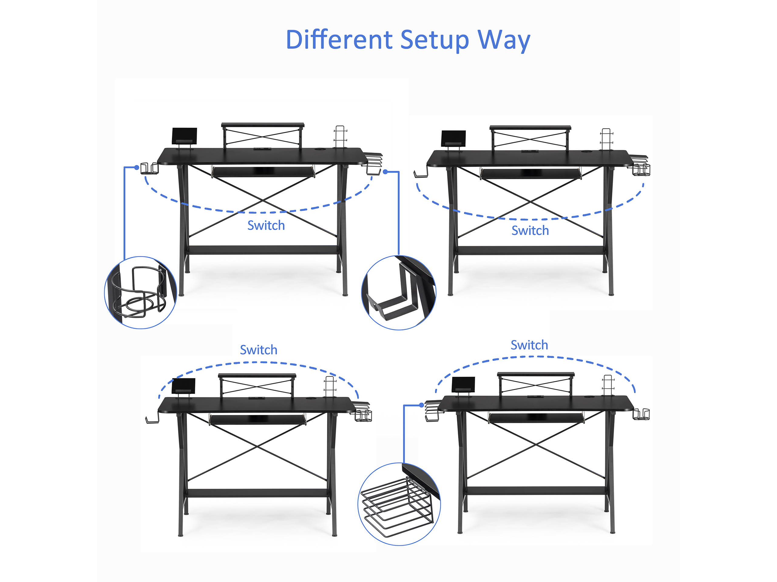 47" Gaming Desk Table, E-Sports Computer Desk with PC Stand Shelf Keyboard stand Power Strip with USB Cup Holder & Headphone Hook Home Office Desk Gamer Desk Writing Table, Carbon Fiber Coated Black