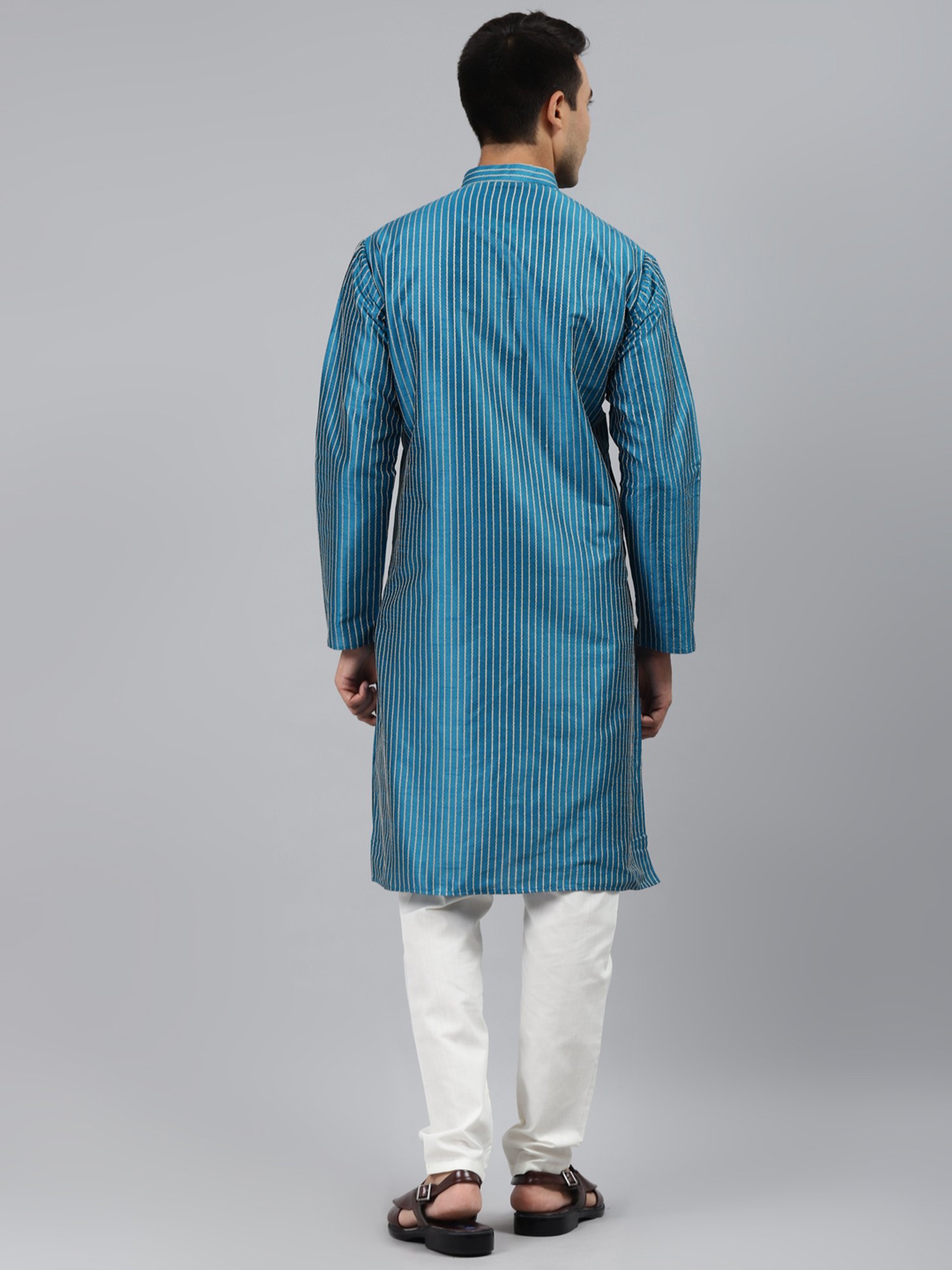 ManQ Peacock Blue Regular Fit Striped Ethnic Wear