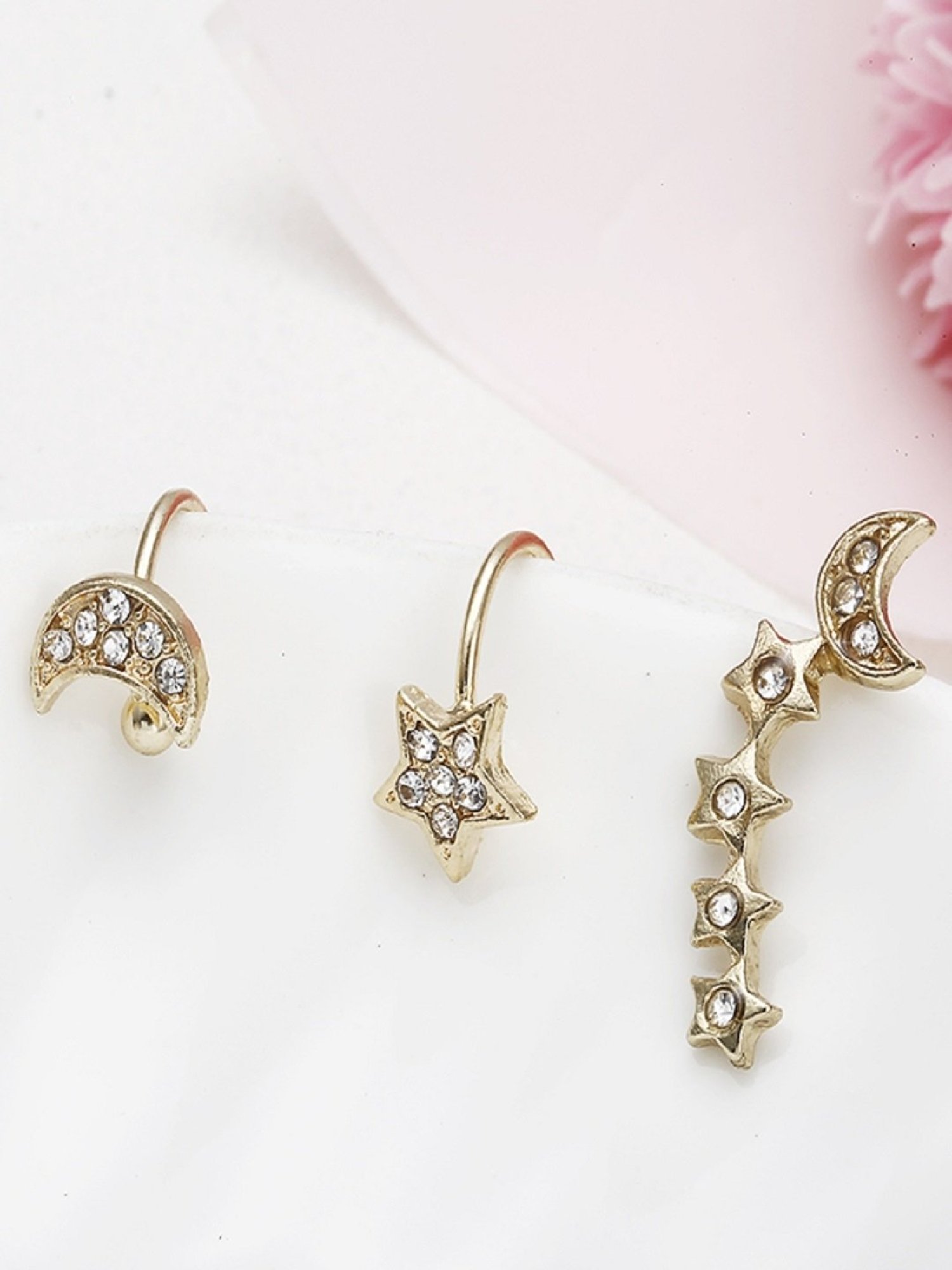 OOMPH Pair of Golden Tone Crystal Small Star & Moon Ear Cuff Earrings for Women - Set of 3