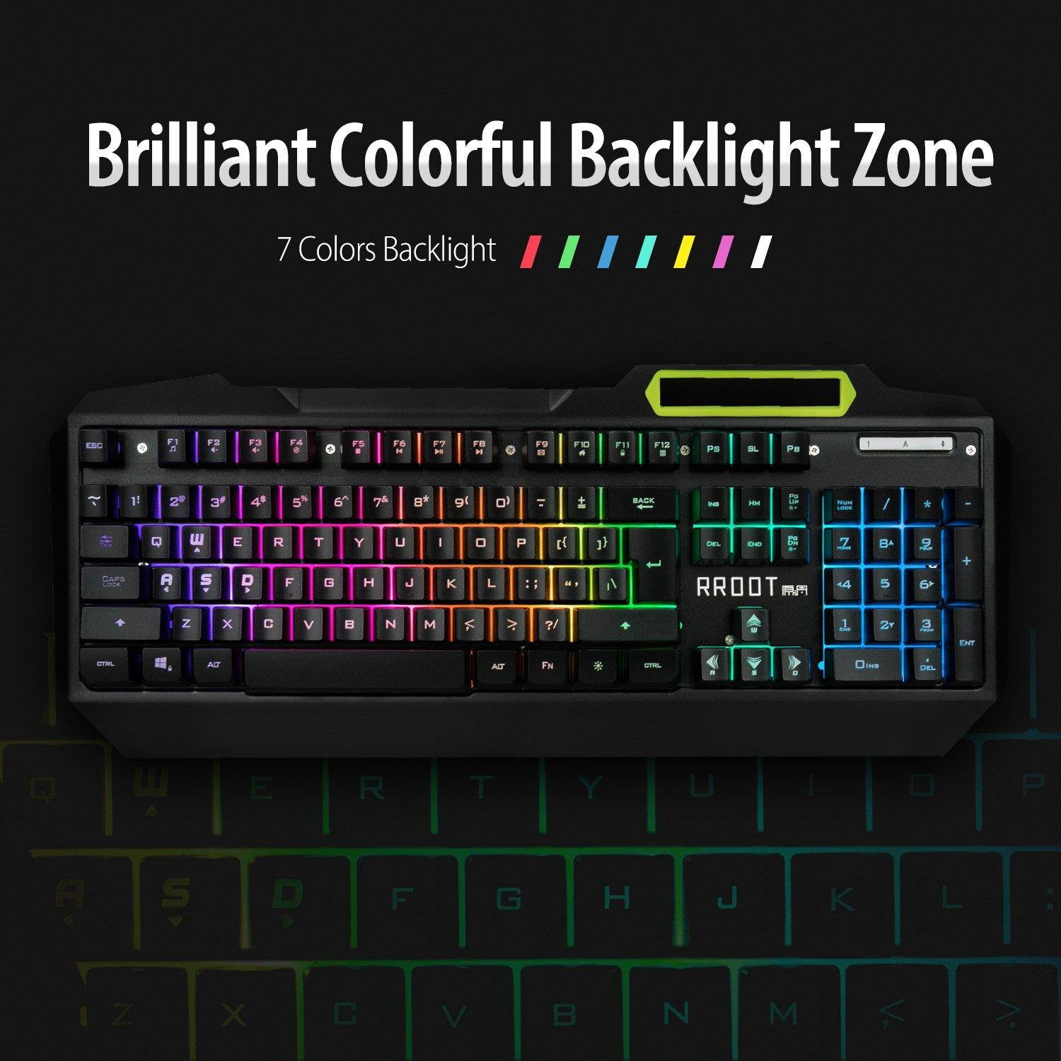 Gaming Keyboard, Anti-Ghosting Multimedia RGB LED Backlit (with Voice Control), 104 Key USB Wired Spill-Resistant Aluminum Alloy Metal Panel for Gaming and Typing by Lumsburry RROOT (Cool Black)