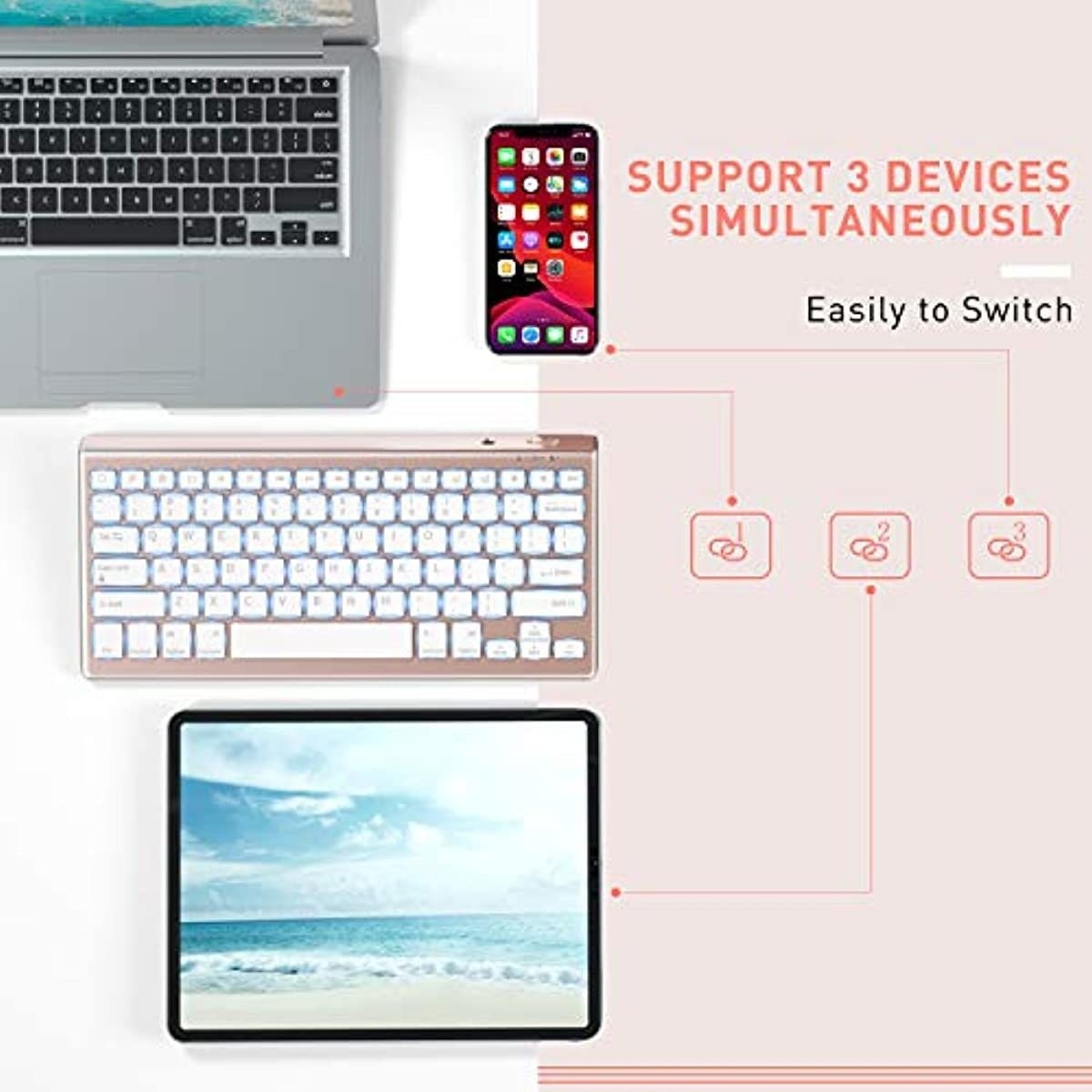 Jelly Comb Backlit Bluetooth Keyboard for iPad 10.2", iPad Pro 10.5" / 11" / 12.9", iPad 5 Gen & Later, iPad Air 4 10.9" /3/2, iPad 7/6/5, iPad Mini 4th Gen&Later, iPhone, Rose Gold