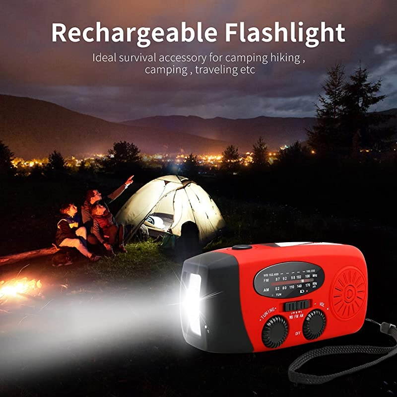 Hand Crank Radio, Portable Self Powered AM/FM/NOAA Solar Wind Up Weather Radio, with LED Flashlight, USB Rechargeable, 1000mAh Power Bank for Cell Phone Charger Red