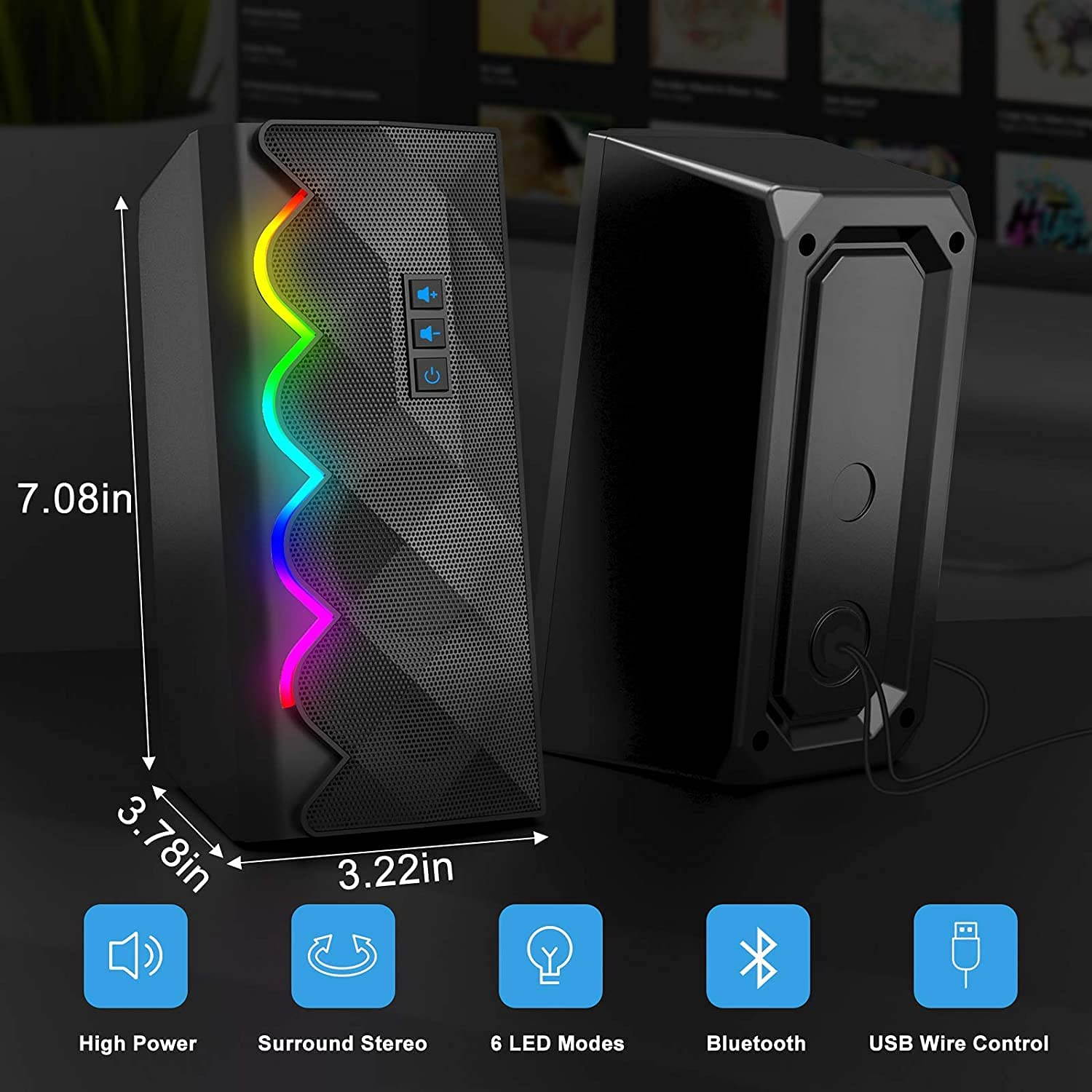Computer Speakers for Desktop,USB Powered RGB Gaming PC Speakers Bluetooth Wireless & 3.5mm Aux Connection w/ 6 Colorful LED Modes for Mac Laptop Smartphone Tablet Game Console MP3