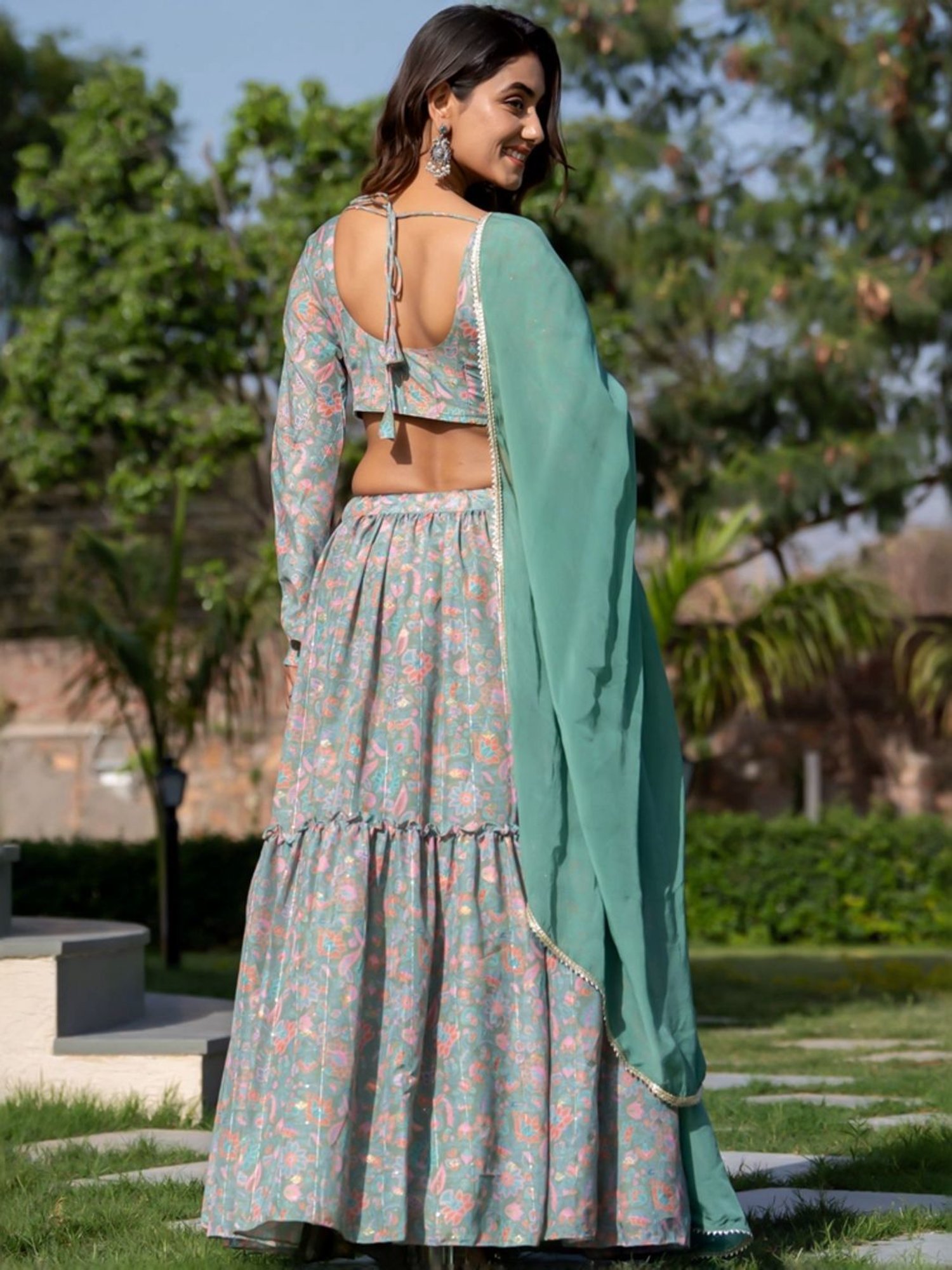 HOUSE OF JAMOTI Green Printed Lehenga Choli Set With Dupatta
