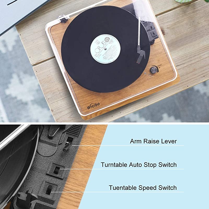 Record Player Vintage Turntable 3Speed Belt Drive Vinyl Player LP Record Player with Builtin Stereo Speaker Auxin Headphone Jack and RCA Output Natural Wood