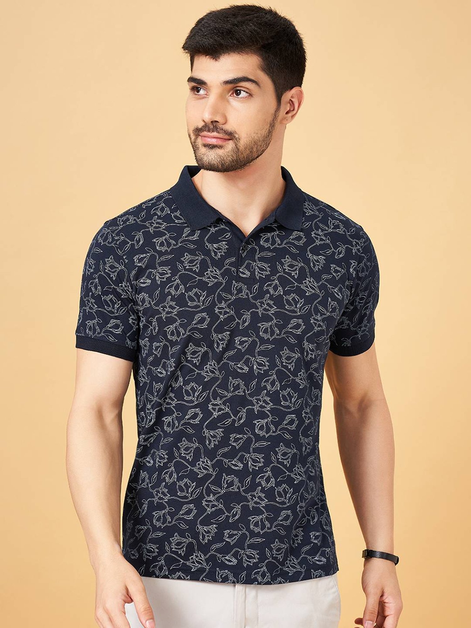 Byford By Pantaloons Navy Slim Fit Printed Polo T-Shirt